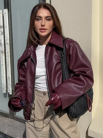 Gosia™ | Bordowa skórzana kurtka