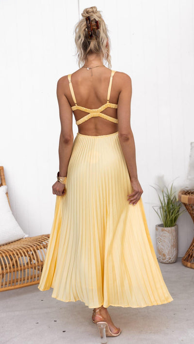 Aby - Żółta Plisowana Sukienka Maxikleid z V-dekoltem